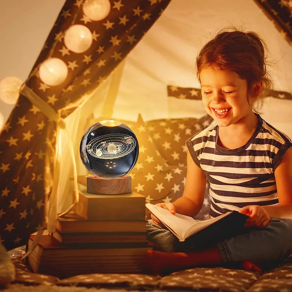 3D Crystal Ball Moon Night Light – Laser-Engraved Glass Sphere with Warm LED Wooden Base (Moon Shape Only)