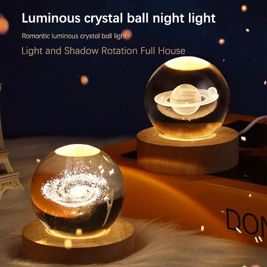 3D Crystal Ball Moon Night Light – Laser-Engraved Glass Sphere with Warm LED Wooden Base (Moon Shape Only)