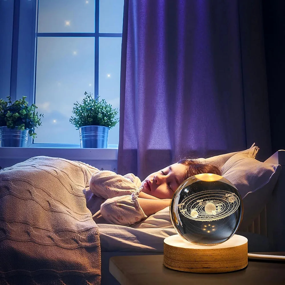 3D Crystal Ball Moon Night Light – Laser-Engraved Glass Sphere with Warm LED Wooden Base (Moon Shape Only)