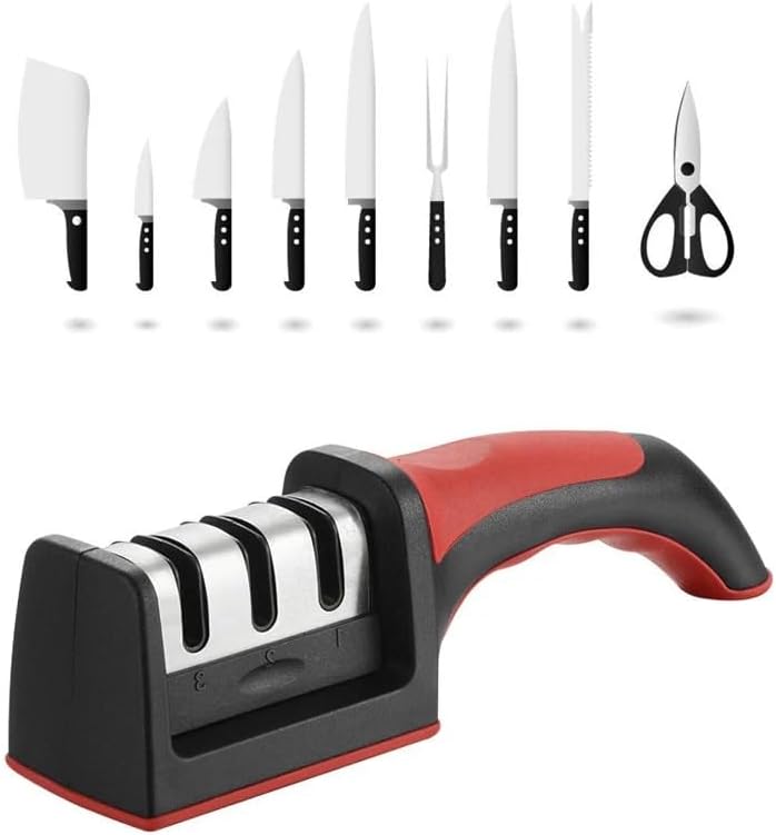 RS-168 3-Stage Manual Knife Sharpener – Professional Kitchen Knife Sharpening Tool with Ergonomic Handle & Non-Slip Base