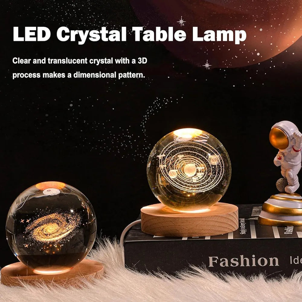 3D Crystal Ball Moon Night Light – Laser-Engraved Glass Sphere with Warm LED Wooden Base (Moon Shape Only)