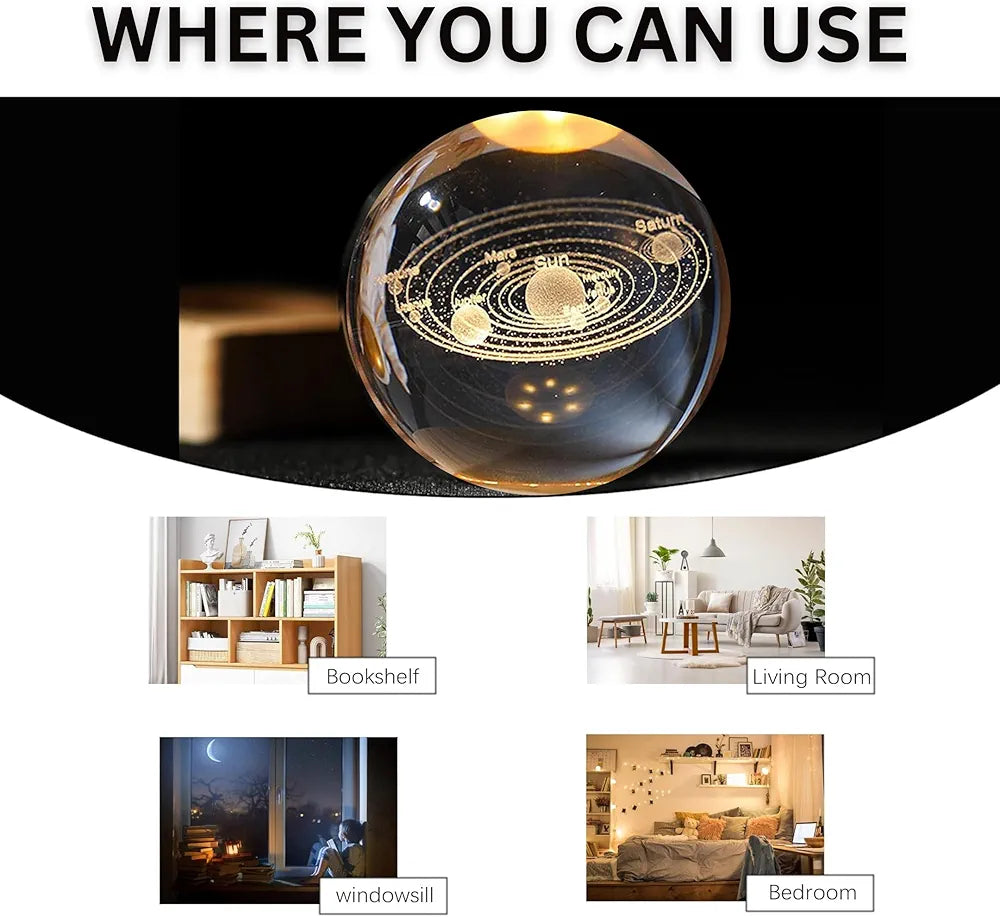 3D Crystal Ball Moon Night Light – Laser-Engraved Glass Sphere with Warm LED Wooden Base (Moon Shape Only)